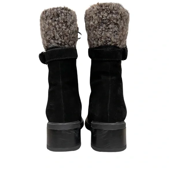 Aquatalia black suede, Lace Up, lug sole booties Moto Combat bouclé lined - Picture 5 of 12